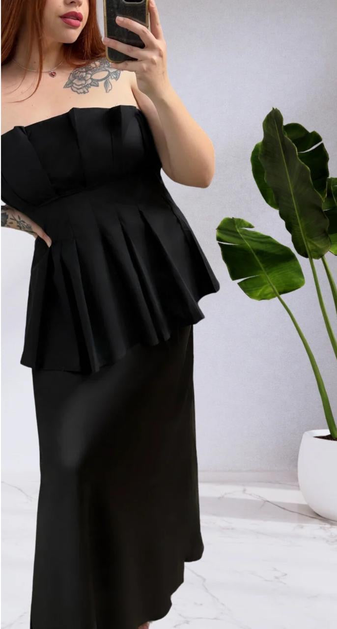 By Frankie Black Pleated Top and Satin Skirt Set